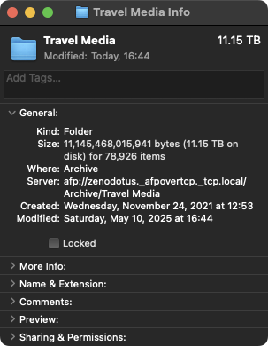 Screenshot of a MacOS Info window showing the file summary of a folder called Travel Media containing 78,906 items totalling 11.15TB